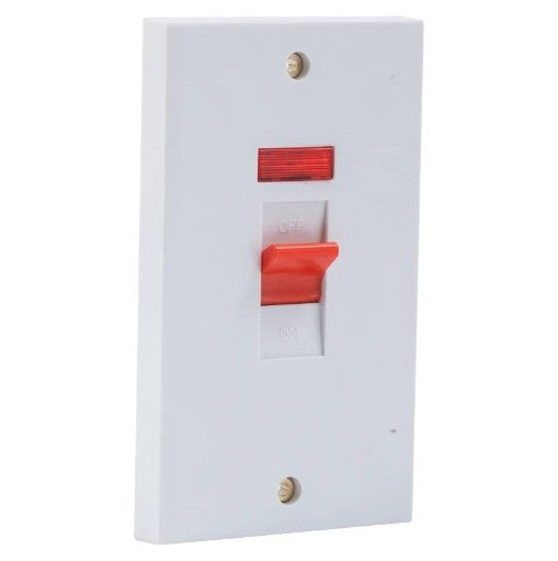 Switch Double Pole Vertical Square Edge 2 Gang 45A White with Neon
