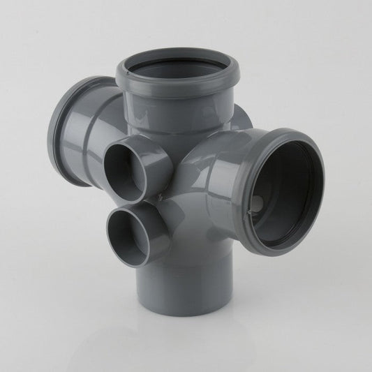 110mm PVCu Push Fit Soil Pipe Double Branch 92.5 Degrees Grey